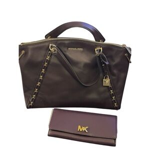 Michael Kors Sadie Leather Satchel & Mott Wallet Damson | Gold Hardware NWT